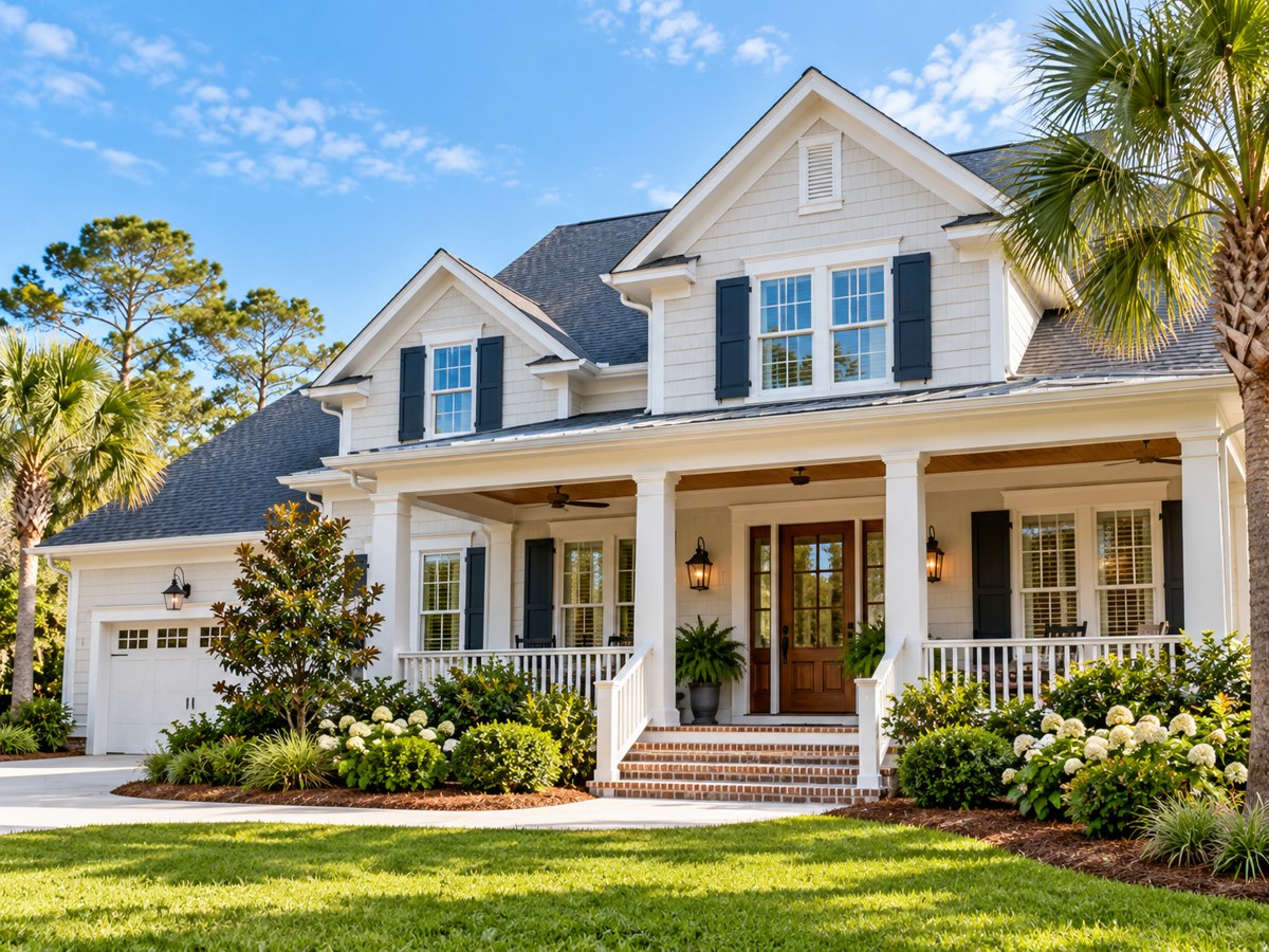 Classic Southern American white colonial home with front porch and landscaped greenery